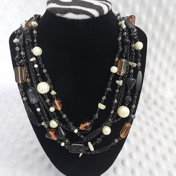 Lia Sophia Vixen Necklace Multi Strand Hematite Chain Amber Pearls - Picture 1 of 6